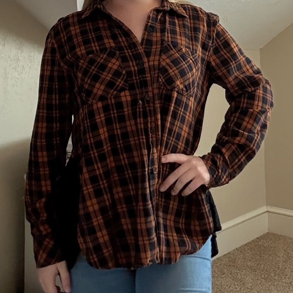 Beachlunchlounge Black and Orange Plaid Shirt